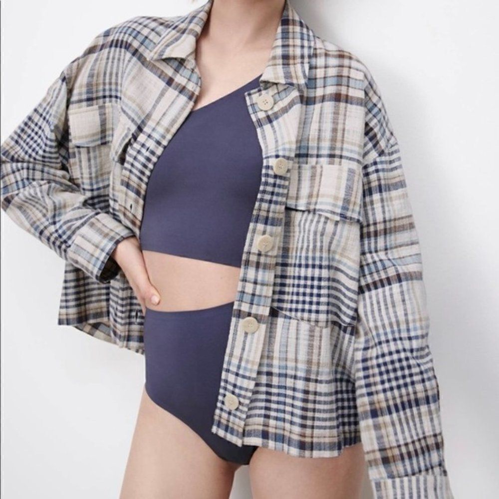 ZARA Plaid Overshirt White Turquoise Unlined - Picture 1 of 7